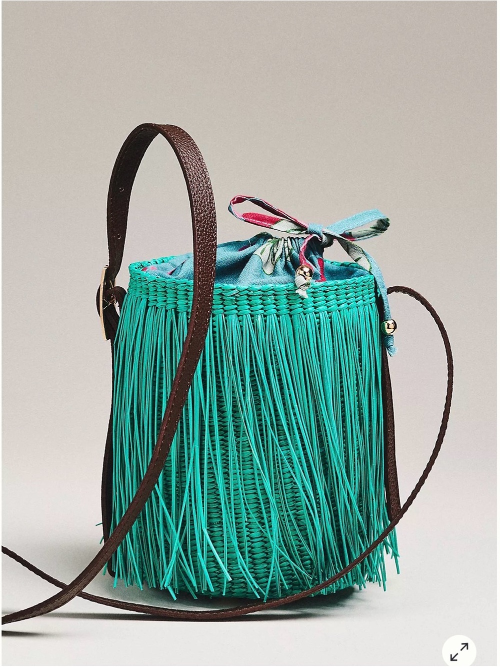Turquoise Straw Fringe Bucket Crossbody Bag with Scarf Accent
